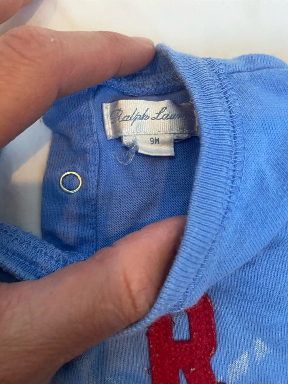 Ralph Lauren Light Blue Long-Sleeve Baby One-Piece with Red RL Patch